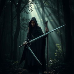 A mysterious elf with black hair, draped in a black cloak and hooded, stands in a shadowy forest during the day