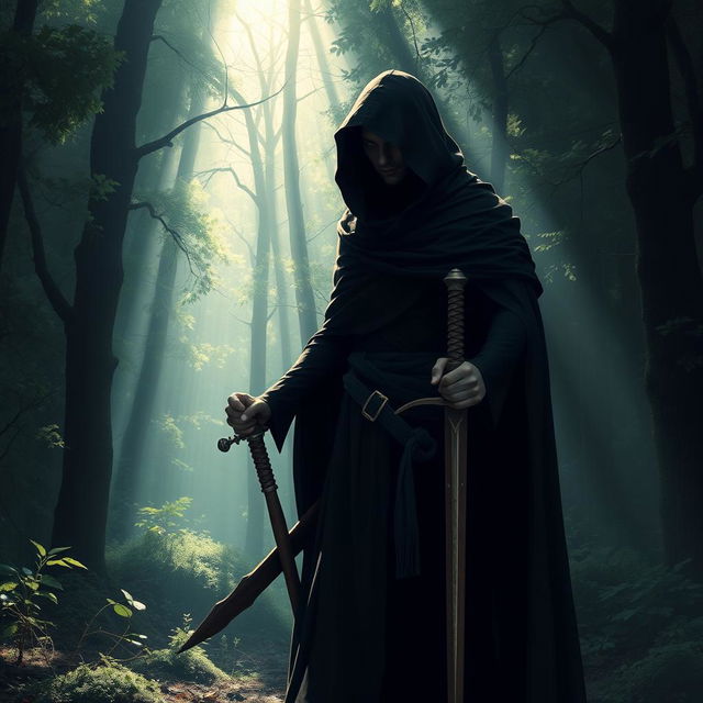 A mysterious elf with black hair, draped in a black cloak and hooded, stands in a shadowy forest during the day