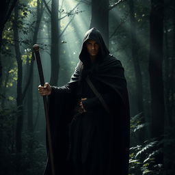 A mysterious elf with black hair, draped in a black cloak and hooded, stands in a shadowy forest during the day