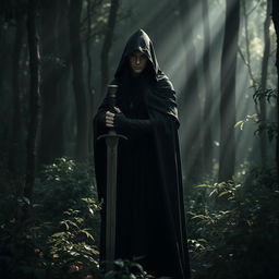 A mysterious elf with black hair, dressed in a black cloak and hood, stands in a shadowy forest during the day