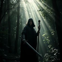 A mysterious elf with black hair, dressed in a black cloak and hood, stands in a shadowy forest during the day