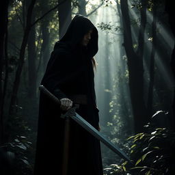 A mysterious elf with black hair, dressed in a black cloak and hood, stands in a shadowy forest during the day