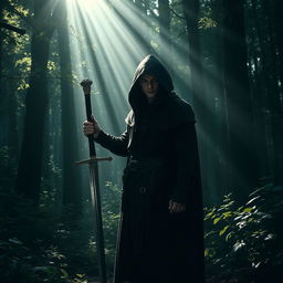 A mysterious elf with black hair, dressed in a black cloak and hood, stands in a shadowy forest during the day