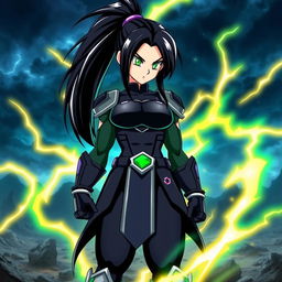 Echalott in the art style of Dragon Ball Super: Broly, depicted as a tall and athletic female Saiyan warrior