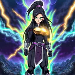 Echalott in the art style of Dragon Ball Super: Broly, depicted as a tall and athletic female Saiyan warrior