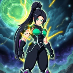 Echalott in the art style of Dragon Ball Super: Broly, depicted as a tall and athletic female Saiyan warrior