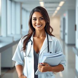 Beautiful female doctor wearing a doctor's outfit but with her chest subtly highlighted, standing confidently in a modern hospital setting, with a warm, reassuring smile on her face, stethoscope around her neck, and medical charts in her hand, conveying professionalism and empathy