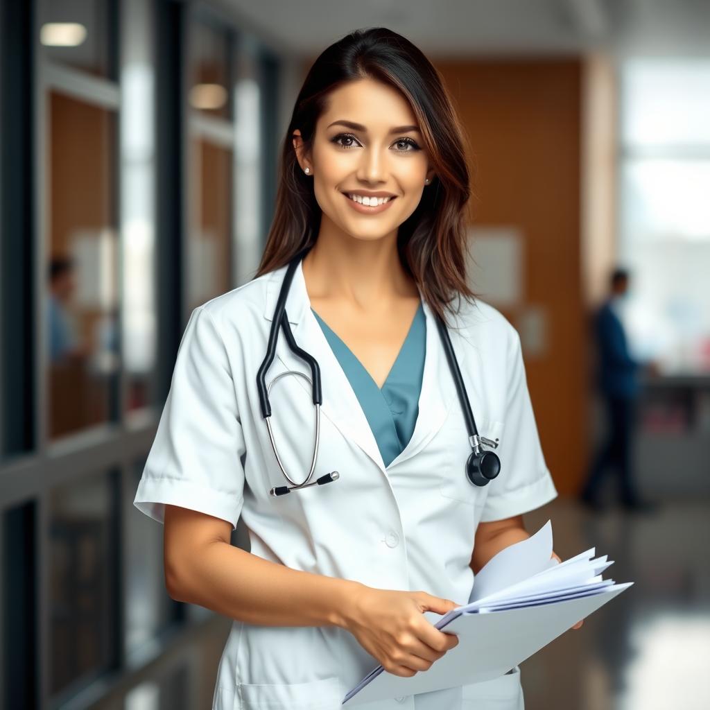 Beautiful female doctor wearing a doctor's outfit but with her chest subtly highlighted, standing confidently in a modern hospital setting, with a warm, reassuring smile on her face, stethoscope around her neck, and medical charts in her hand, conveying professionalism and empathy