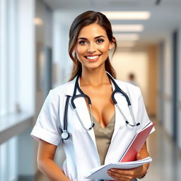 Beautiful female doctor wearing a doctor's outfit but with her chest subtly highlighted, standing confidently in a modern hospital setting, with a warm, reassuring smile on her face, stethoscope around her neck, and medical charts in her hand, conveying professionalism and empathy