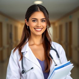 Beautiful female doctor wearing a doctor's outfit but with her chest subtly highlighted, standing confidently in a modern hospital setting, with a warm, reassuring smile on her face, stethoscope around her neck, and medical charts in her hand, conveying professionalism and empathy