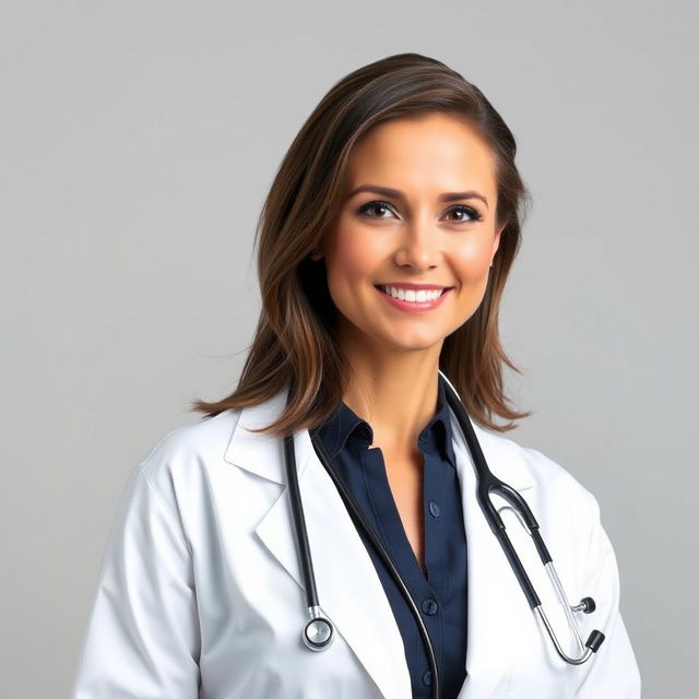 A beautiful female doctor with a confident and professional demeanor, wearing a stylish white lab coat and stethoscope around her neck