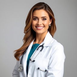 A beautiful female doctor with a confident and professional demeanor, wearing a stylish white lab coat and stethoscope around her neck