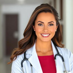 A beautiful female doctor with a confident and professional demeanor, wearing a stylish white lab coat and stethoscope around her neck