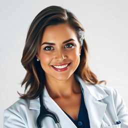 A beautiful female doctor with a confident and professional demeanor, wearing a stylish white lab coat and stethoscope around her neck