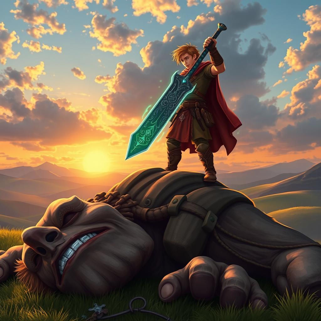 A heroic scene of Jack the Giant Slayer standing triumphantly atop a defeated giant, under a sky with colorful clouds and a sunset glowing in the background