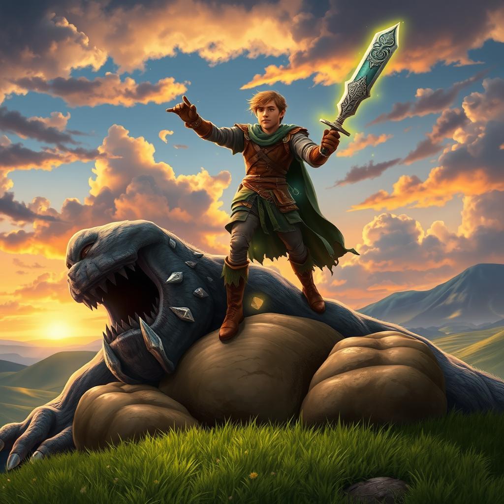 A heroic scene of Jack the Giant Slayer standing triumphantly atop a defeated giant, under a sky with colorful clouds and a sunset glowing in the background