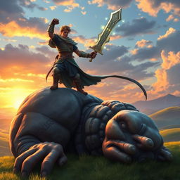 A heroic scene of Jack the Giant Slayer standing triumphantly atop a defeated giant, under a sky with colorful clouds and a sunset glowing in the background