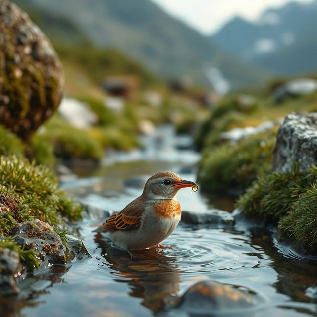 A small spring flowing through a mountain, with a bird sitting near the spring drinking water