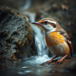 A small spring flowing through a mountain, with a bird sitting near the spring drinking water