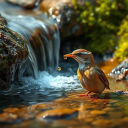 A small spring flowing through a mountain, with a bird sitting near the spring drinking water