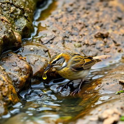 A small spring flowing through a mountain, with a bird sitting near the spring drinking water