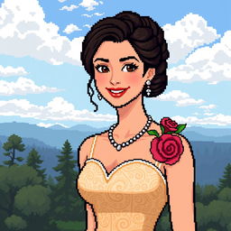 16-bit pixel art of a woman in an elegant dress with a detailed texture, wearing a necklace and earrings