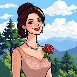 16-bit pixel art of a woman in an elegant dress with a detailed texture, wearing a necklace and earrings