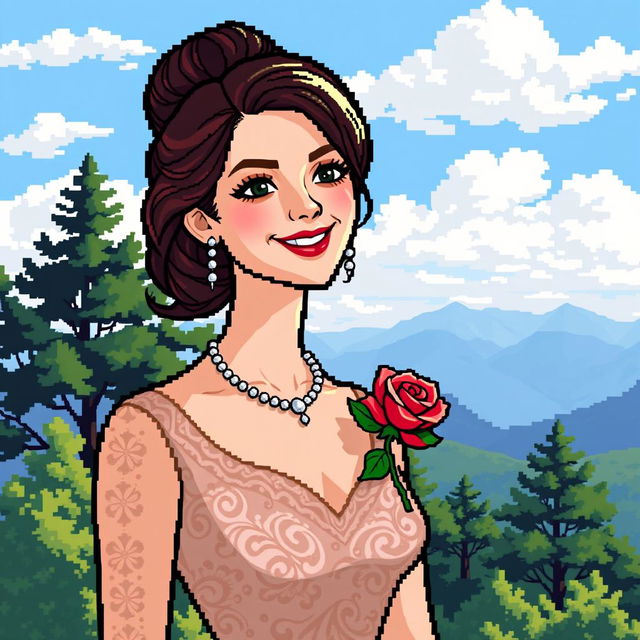 16-bit pixel art of a woman in an elegant dress with a detailed texture, wearing a necklace and earrings