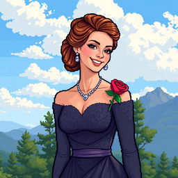 16-bit pixel art of a woman in an elegant dress with a detailed texture, wearing a necklace and earrings