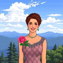 16-bit pixel art of a woman in an elegant dress with a detailed texture, wearing a necklace and earrings