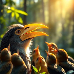 A bird with a golden beak shimmering in the sunlight, capturing the attention of other forest birds around it who are gazing at the bird with awe and surprise