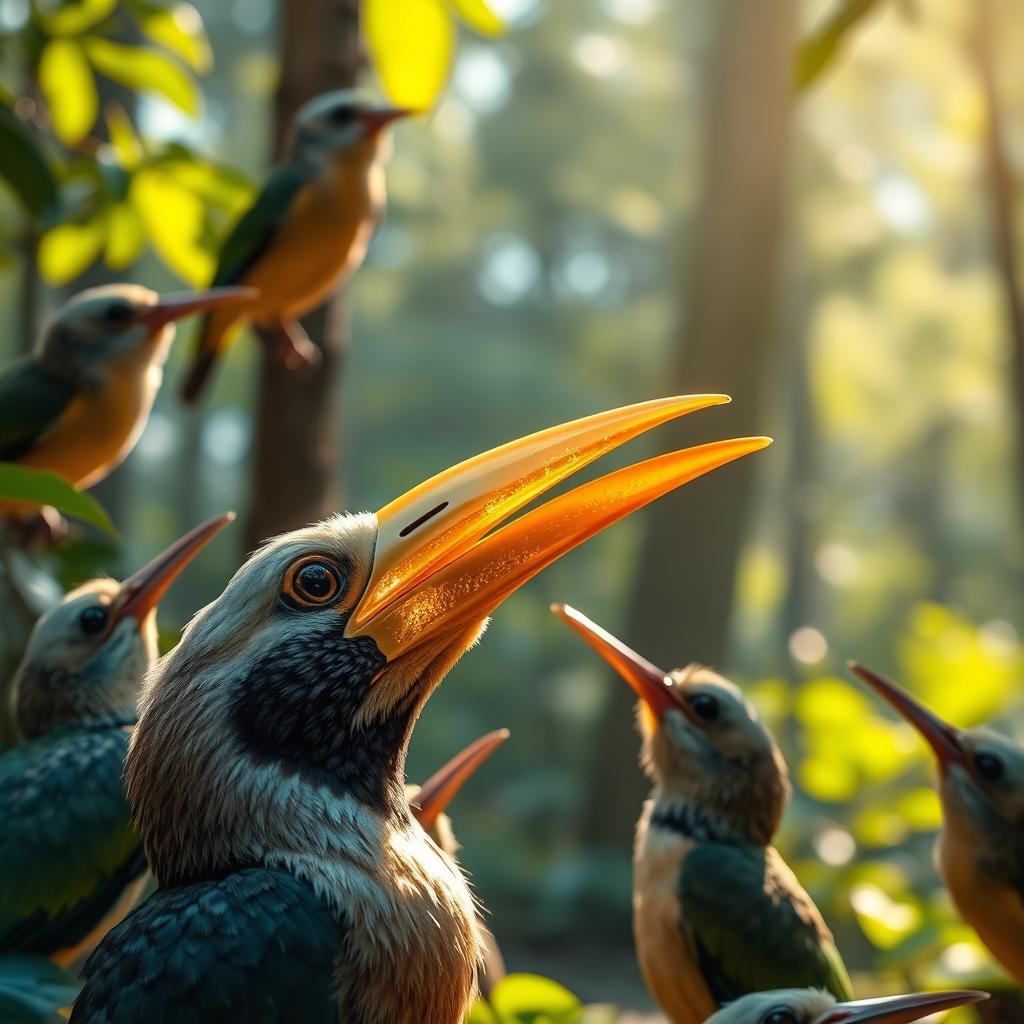 A bird with a golden beak shimmering in the sunlight, capturing the attention of other forest birds around it who are gazing at the bird with awe and surprise