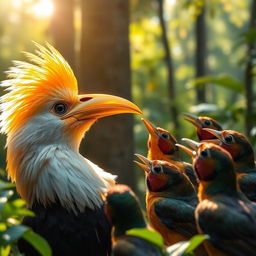 A bird with a golden beak shimmering in the sunlight, capturing the attention of other forest birds around it who are gazing at the bird with awe and surprise