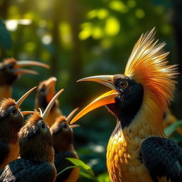 A bird with a golden beak shimmering in the sunlight, capturing the attention of other forest birds around it who are gazing at the bird with awe and surprise