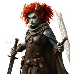 A tall firbolg explorer with grayish skin and intense red curly hair