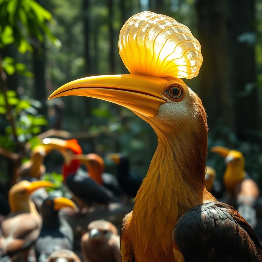 A bird with a golden beak shell glistening in the sunlight, while in the background, other forest birds watch in amazement