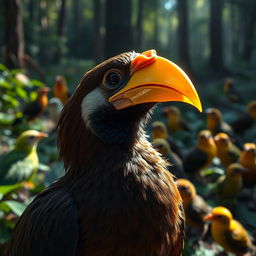 A bird with a golden beak shell glistening in the sunlight, while in the background, other forest birds watch in amazement