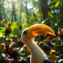 A bird with a golden beak shell glistening in the sunlight, while in the background, other forest birds watch in amazement