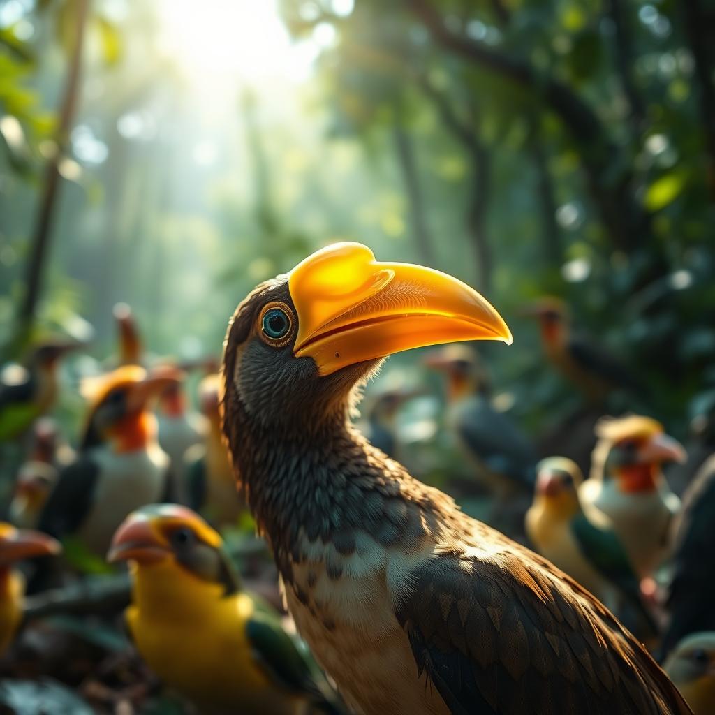 A bird with a golden beak shell glistening in the sunlight, while in the background, other forest birds watch in amazement