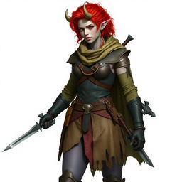 A tall Firbolg scout with grayish skin and bright red curly hair