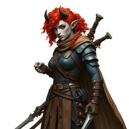 A tall Firbolg scout with grayish skin and bright red curly hair