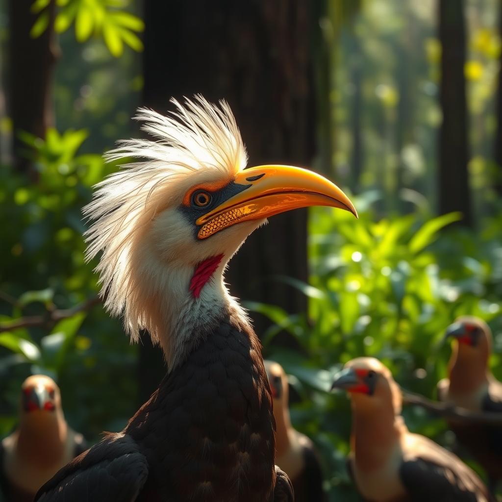 A bird with a golden beak shimmering in the sunlight, surrounded by a lush forest