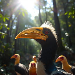 A bird with a golden beak shimmering in the sunlight, surrounded by a lush forest