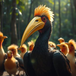 A bird with a golden beak shimmering in the sunlight, surrounded by a lush forest