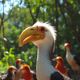 A bird with a golden beak shimmering in the sunlight, surrounded by a lush forest