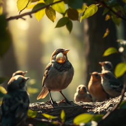 A sparrow with a golden shell on its beak, gleaming in the sunlight, surrounded by other forest birds who are watching in wonder