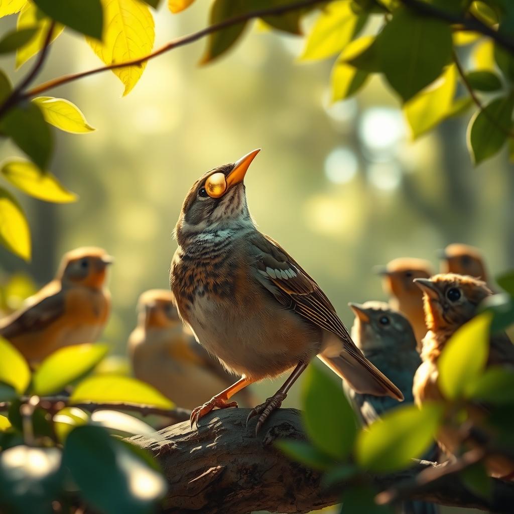 A sparrow with a golden shell on its beak, gleaming in the sunlight, surrounded by other forest birds who are watching in wonder