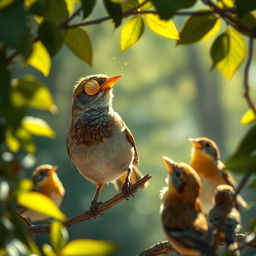 A sparrow with a golden shell on its beak, gleaming in the sunlight, surrounded by other forest birds who are watching in wonder