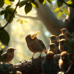 A sparrow with a golden shell on its beak, gleaming in the sunlight, surrounded by other forest birds who are watching in wonder