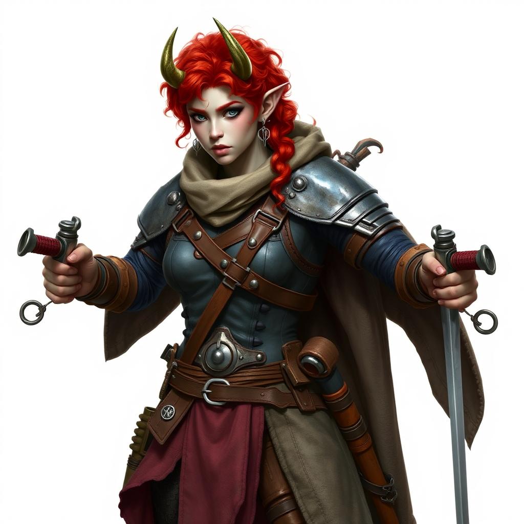 A tall Firbolg scout with grayish skin and bright red curly hair